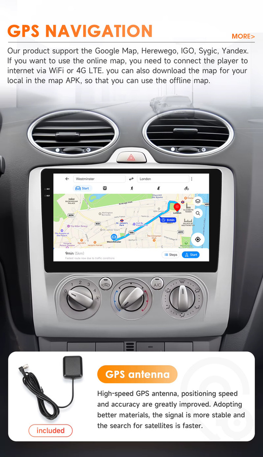 Hizpo 9 Zoll Multimedia Android Autoradio mit CarPlay und 4G WIFI für Ford Focus MK2 2004-2011 2 Din Stereo Player - Bild 3