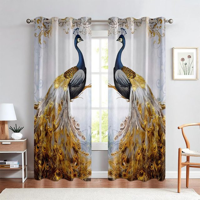Yiran Furniture Dekorative Vorhänge mit Vintage Pfau Schmetterling und Blumen Motiv, 2er Set, halbtransparent, Multicolour, Breite: 50 cm, Höhe: 130 cm - Bild 1