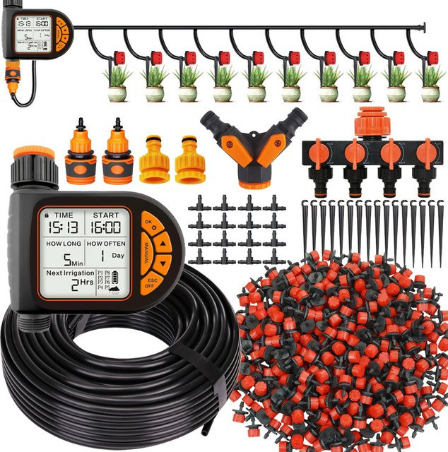 Smart Garten Bewässerung Set mit 20m Schlauch, IPX5 wasserdichter Timer Controller mit LCD-Display und Regensensor, Schwarz - Bild 1