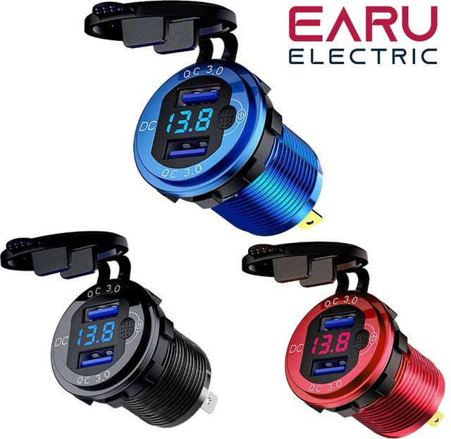 EARU Dual-USB Schnellladegerät QC 3.0 mit LED-Spannungsanzeige und Schalter für 12V/24V Autos und Boote - Bild 1