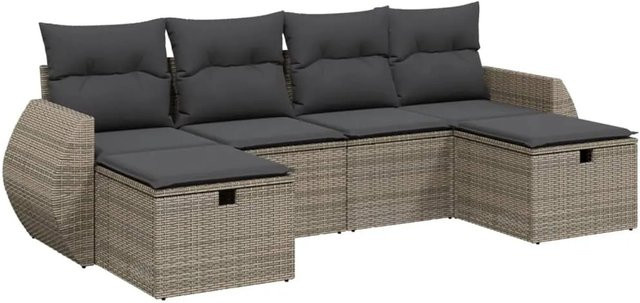 vidaXL 6-teilige Garten-Sofagarnitur in L-Form aus Poly Rattan und Metall in Grau mit Kissen und Ottoman - Bild 1