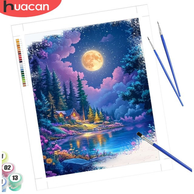 HUACAN Malen nach Zahlen Set mit Wald- und Seelandschaft auf Leinwand, DIY Kreativ-Set für Hobby und Home Decor, Mehrfarbig - Bild 1
