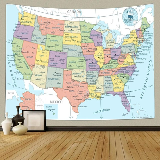 Pädagogischer Wandteppich USA Landkarte mit bunten Tieren für Kinderzimmer von JMG Household Supplies, B/B: 90 x 150 cm, Mehrfarbig - Bild 1