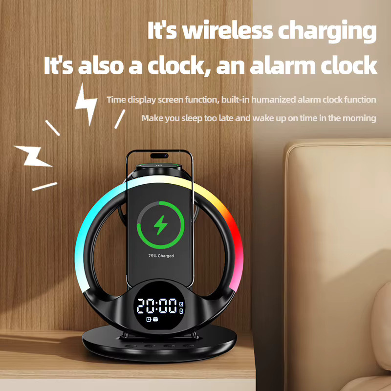 VIKEFON 6-in-1 kabelloses Ladegerät mit RGB-Lichtwecker für iPhone, Samsung Galaxy, Apple Watch und AirPods in Schwarz Multicolour - Bild 4