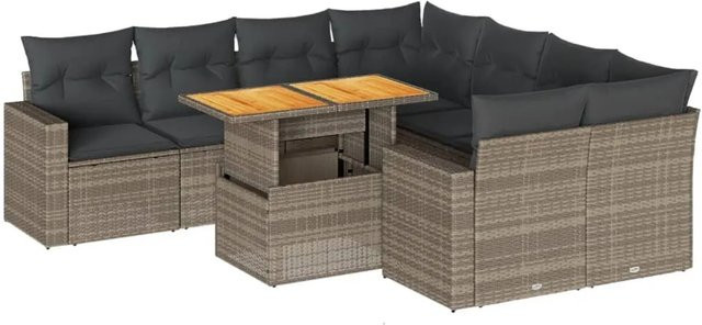 vidaXL 9-teilige Garten-Sofagarnitur aus Poly-Rattan und Akazienholz in Grau mit Kissen - Bild 1