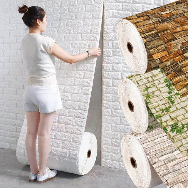 Wandtapete mit 3D-Ziegelmuster von ctzsoop in Weiß und Gelb, wasserdicht und modern, B: 70 cm, H: 100 cm - Bild 1