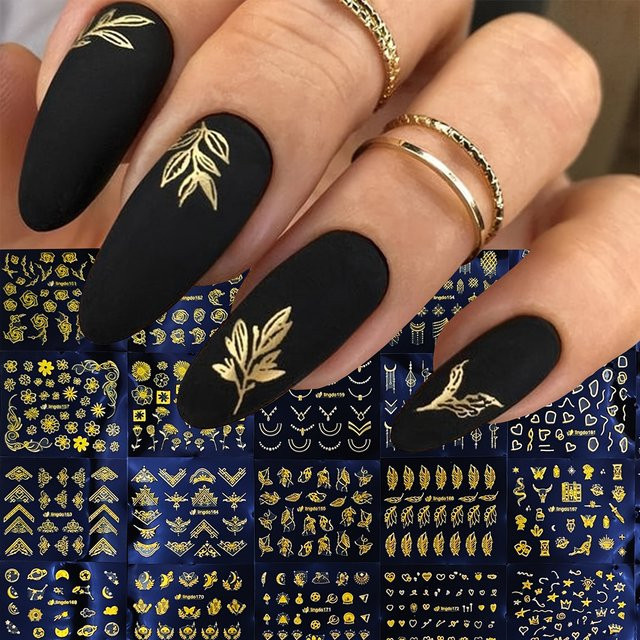Golden Line Nagelaufkleber, Schwarz-Goldene Blumen, 30 Blatt - Bild 1
