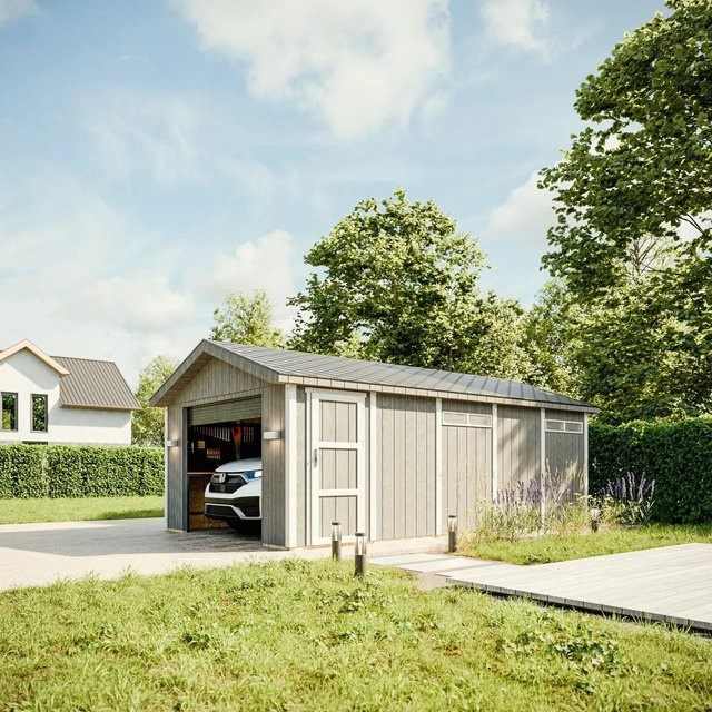 Timbela Garage Premium M992B aus Holz in Natur mit elektrischen Rollläden und abschließbaren Türen, B/T/H: 648 x 378 x 269 cm - Bild 1