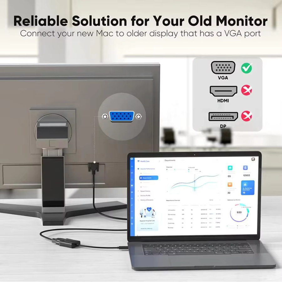 kebidumei USB-C auf VGA Adapterkabel in Schwarz für Laptop, MacBook und PC zur Verbindung mit Monitor oder Projektor - Bild 4