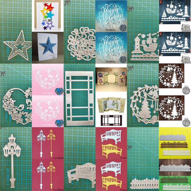 Metall Stanzform für Scrapbook mit Motiven Straßenlaterne Parkbank Wort Herz Vögel und Weihnachtsbaum in Silber - Bild 1