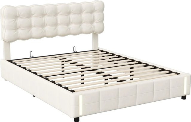 PXloue Doppelbett mit LED-Beleuchtung aus Samt und Metall in Beige, B: 140 cm, H: 165 cm, T: 200 cm - Bild 1