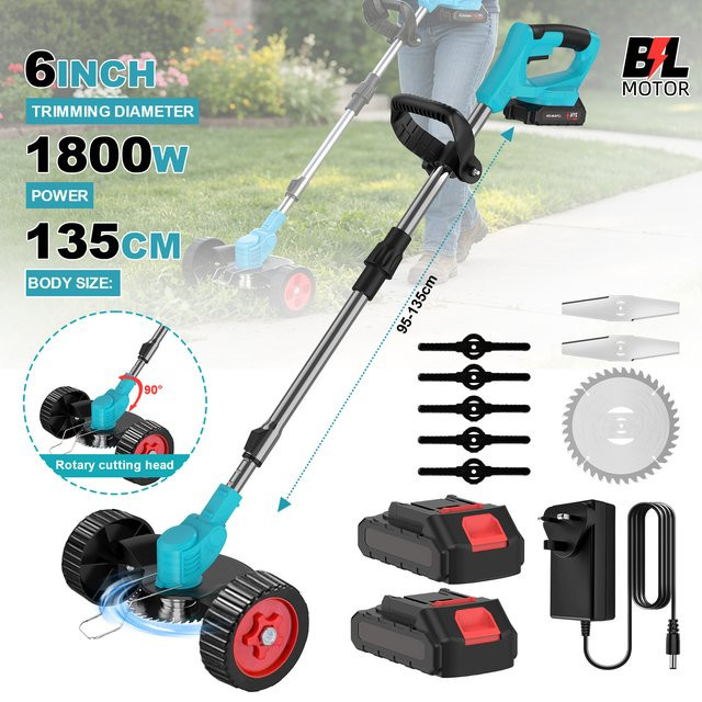 Kabelloser elektrischer Rasenmäher und Rasentrimmer in Blau, höhenverstellbar von 100 bis 135 cm, kompatibel mit Makita 21V Akku - Bild 1