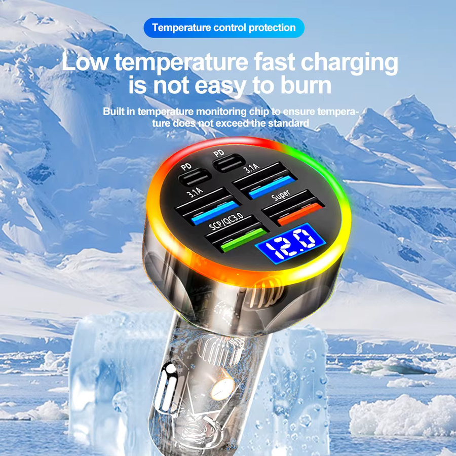200W Auto-Ladegerät mit 6 Anschlüssen, PD QC3.0 USB-Schnelladapter mit Digitalanzeige für iPhone, Samsung und Xiaomi - Bild 3