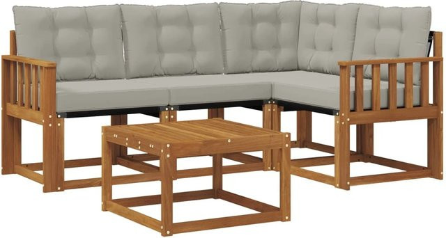vidaXL Outdoor-Sofagarnitur 5-teilig aus Akazienholz und Textilene in Natur und Grau mit Kissen - Bild 1