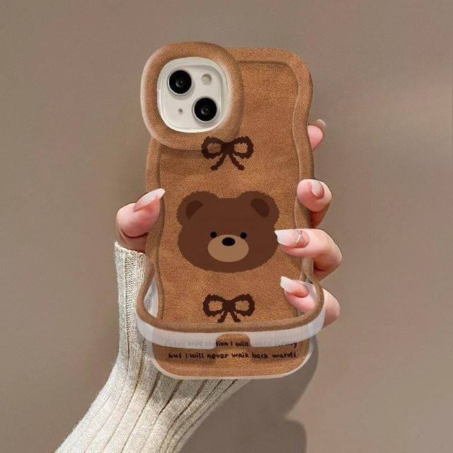 Niedliche Silikon Handyhülle mit Plüsch Bär und Schleife für Apple iPhone 16 Pro, 15, 14, XR, Mi 13 in Braun - Bild 1