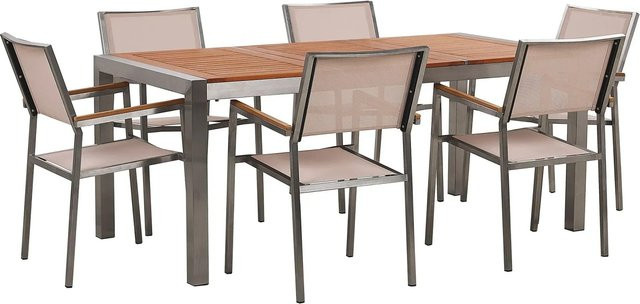 Beliani Gartentisch Set GROSSETO in Heller Holzfarbe und Beige mit Silber, B/T/H: 180 x 90 x 87 cm - Bild 1