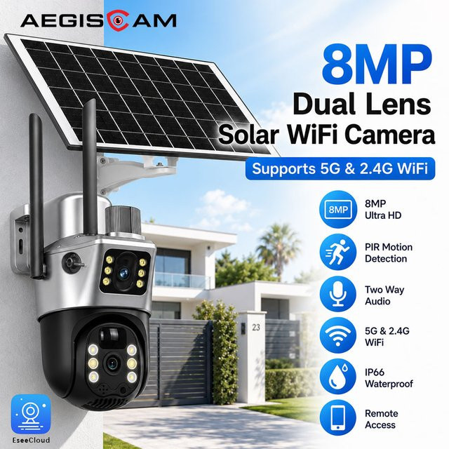 Aegiscam 8MP Solar-Dual-Objektiv WLAN-IP-Kamera für den Außenbereich mit PTZ, 5GHz und 2,4GHz Dual-Band, PIR-Bewegungserkennung und Zwei-Wege-Audio, IP66 wasserdicht - Bild 1