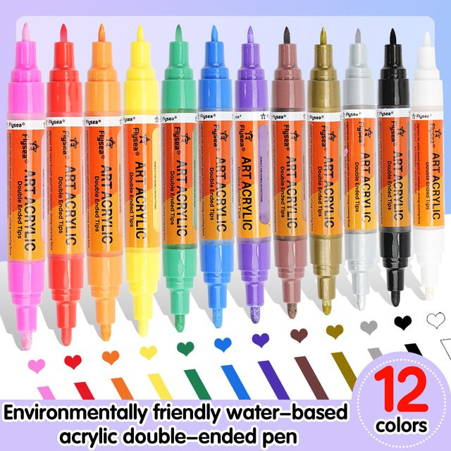 Flysea Acrylmarker Set mit 12 Farben, doppelköpfige Tintenstifte für Kinder und Erwachsene, wasserfest und schnelltrocknend für Graffiti und Malarbeiten - Bild 1