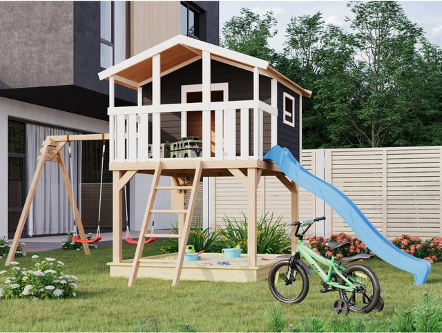 Karibu Stelzenhaus Benjamin in Terragrau mit Doppelschaukel und blauer Rutsche - Bild 1