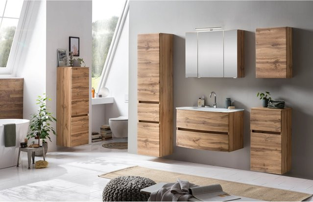 Held Möbel Waschtisch-Set Salerno 2-tlg. in Wotaneiche mit weißem Glasbecken und Spiegelschrank, Breite: 80 cm - Bild 1