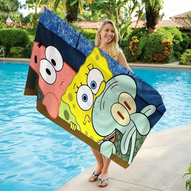 Potdemiel SpongeBob Schwammkopf Strandtuch mit Patrick und Thaddäus in Multicolour, weiches und saugfähiges Mikrofaser-Handtuch für Kinder - Bild 1