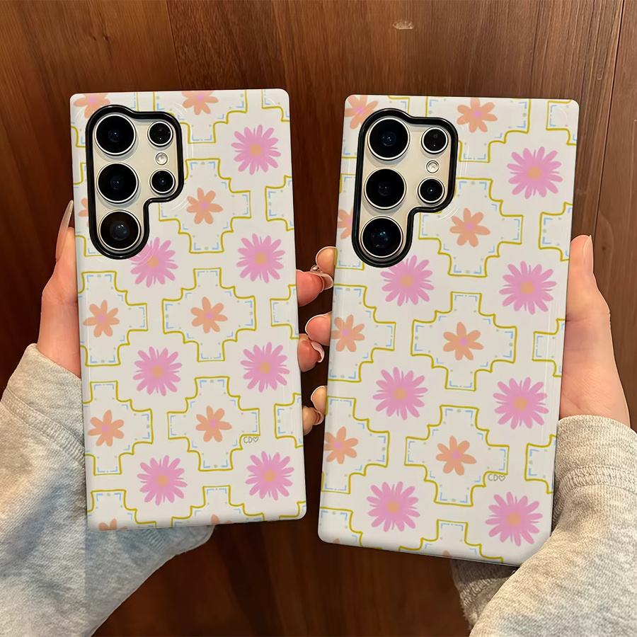 Samsung Handyhülle mit rosa Blumengitter-Design und glänzender doppellagiger Rückseite für Galaxy S25 Ultra, S24 und S23 Ultra Plus - Bild 5