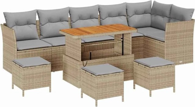 vidaXL Garten-Sofa-Set 10-tlg. in L-Form mit Kissen und Couchtisch, Beige und Hellgrau - Bild 1
