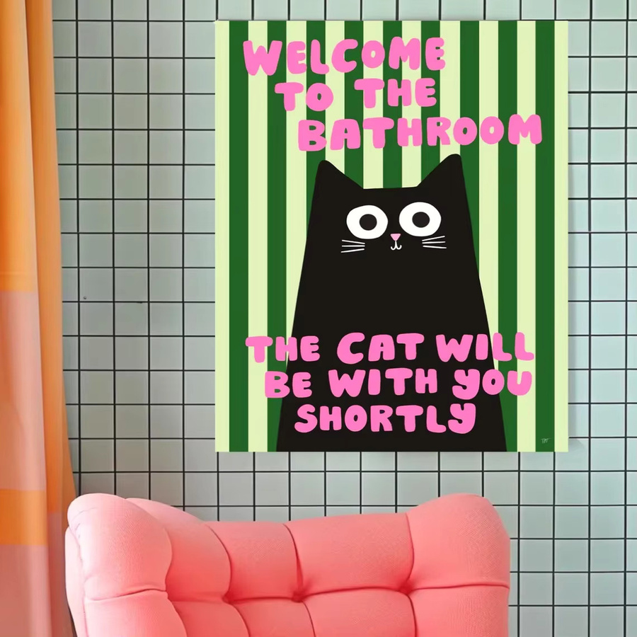 SHENCHEN Wandkunst Badezimmer Poster mit schwarzer Katze und Typografie in Schwarz, Rosa und Grün - Bild 4