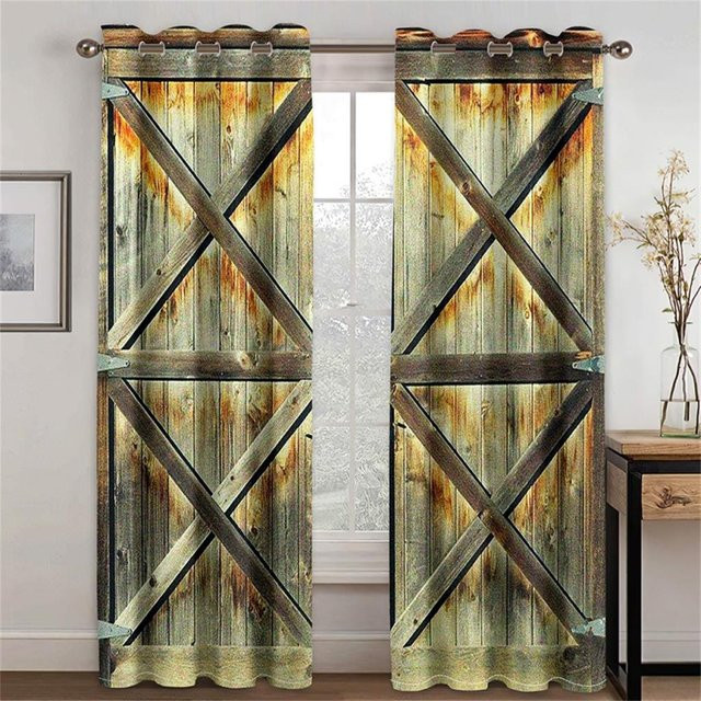 2er-Set 3D-Retro-Vorhänge mit Holztüreffekt in Braun, semi-transparent, mit Ösen für Wohnzimmer, Schlafzimmer und Küche, Breite: 70 cm, Höhe: 245 cm - Bild 1