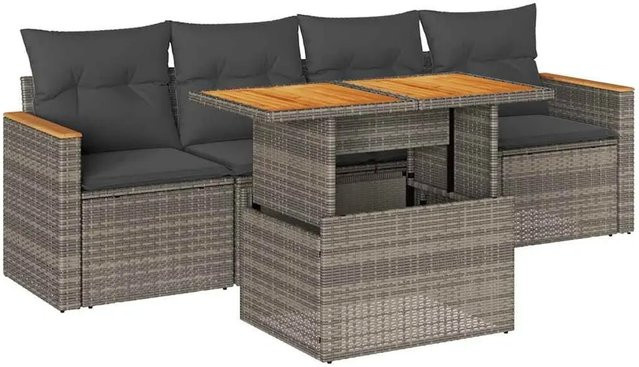 vidaXL 5-teilige Garten-Sofagarnitur aus Poly-Rattan und Akazienholz in Grau mit Kissen - Bild 1
