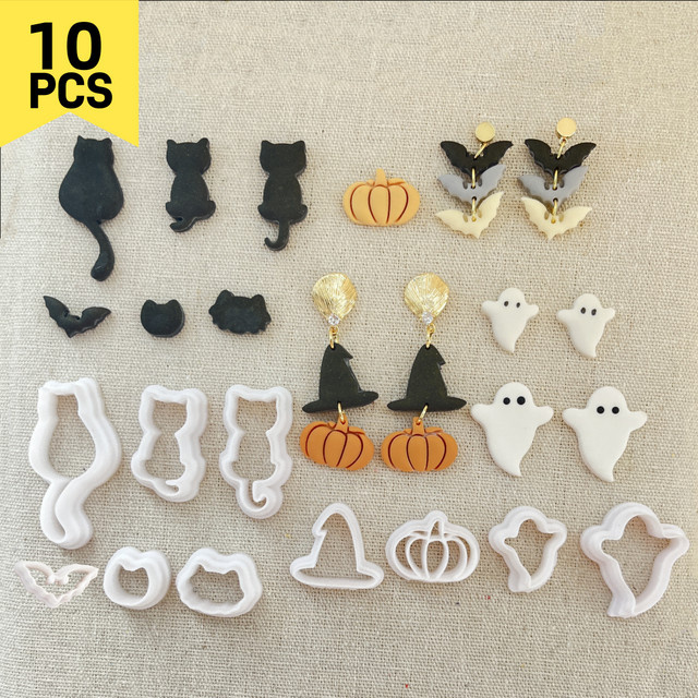 10-teiliges Halloween-Set aus Kunststoff mit Ausstechformen für Geist, Fledermaus und Kürbis zur DIY-Schmuckherstellung und Gestaltung von Polymer-Ton-Ohrringen - Bild 1