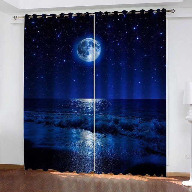 Yiran Furniture Blackout Vorhänge mit Nacht Mond Meer Landschaftsmotiv, Blau, B: 55 cm, H: 120 cm - Bild 1