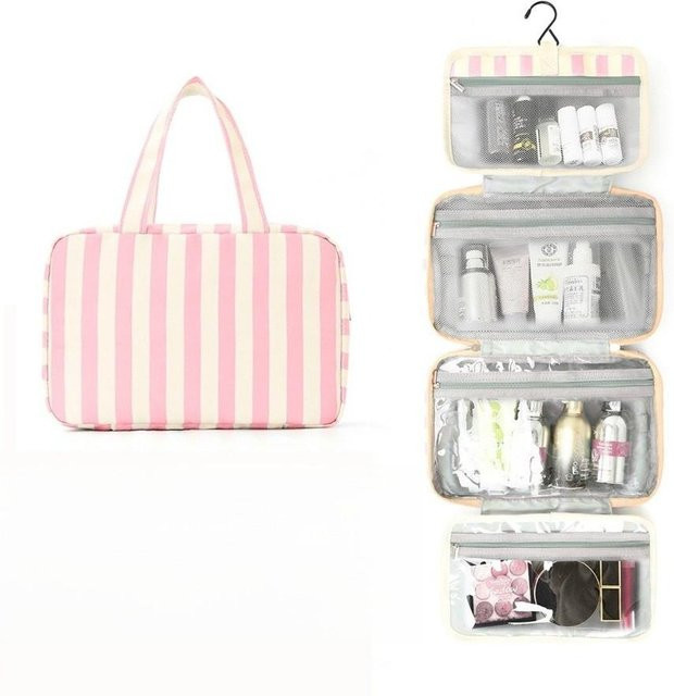 Ruidi bb Kosmetik-Organizer Pink Gestreift Tragbarer 4-Faltbarer Reise-Kulturbeutel mit Haken und Großer Kapazität - Bild 1