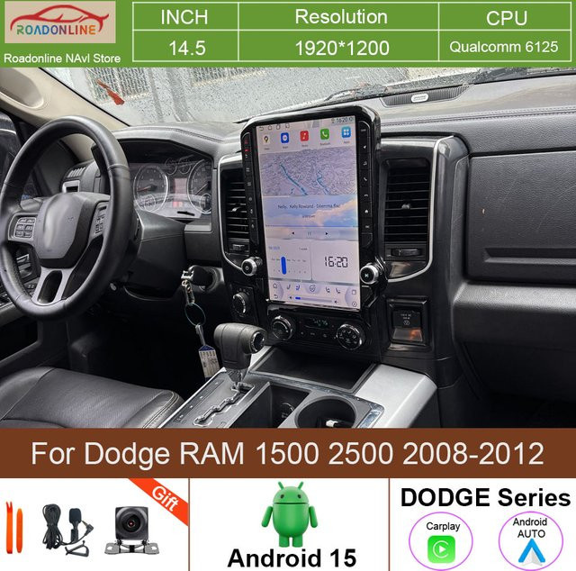 roadonline Android 15 Autoradio 14,5 Zoll für Dodge RAM 1500 2500 2008-2012 mit kabellosem Carplay, GPS-Navigation und Multimedia-Player in Schwarz - Bild 1