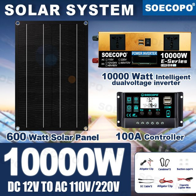 SOECOPO Solarsystem Komplettset mit 600 W Panel, 100 A Controller und Wechselrichter für 110 V / 220 V, Schwarz - Bild 1