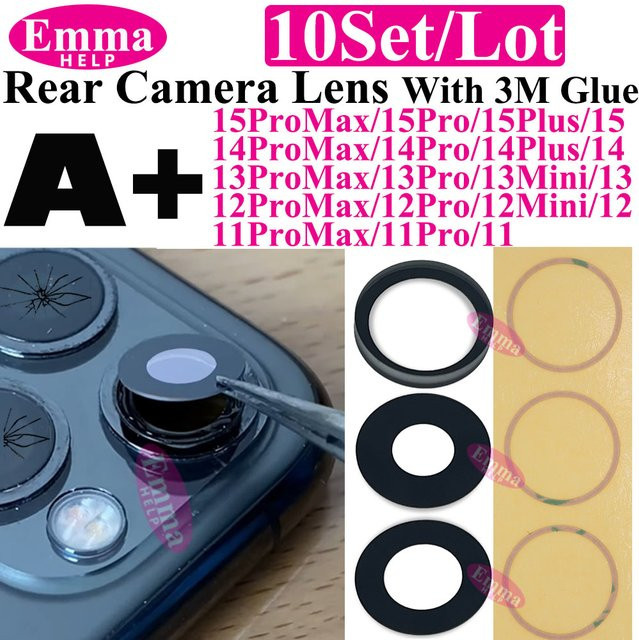 Emmahelp 10 Stück A+ Rückkamera-Glas für iPhone 11 12 13 14 15 Pro Max 13Mini XR XS 14Plus Rückkamera-Abdeckung Linse mit 3M-Aufkleber, transparent - Bild 1