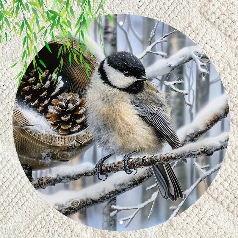 Potdemiel Wandkunst Chickadee-Vogel und Tannenzapfen, rundes Metallschild Outdoor-Hängedekoration, Durchmesser: 20,3 cm, Mehrfarbig - Bild 2