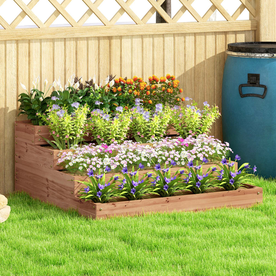 Outsunny Erhöhtes Blumenbeet aus Fichtenholz mit 4 Ebenen und Unkrautvlies, Dunkelbraun, B/T/H: 113 x 113 x 46 cm - Bild 2