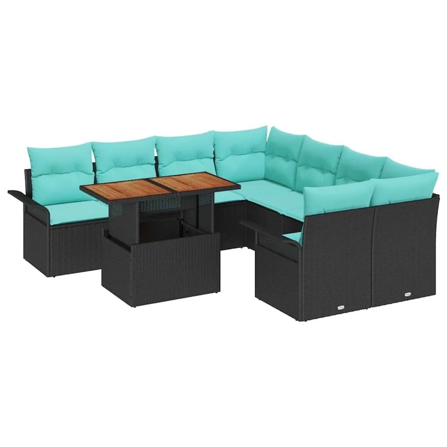 vidaXL Garten-Sofa-Set in U-Form mit 9 Teilen, Schwarz und Türkis, aus Poly-Rattan mit integriertem Kissen-Speicher und Polsterkissen für Garten, Terrasse oder Balkon - Bild 2