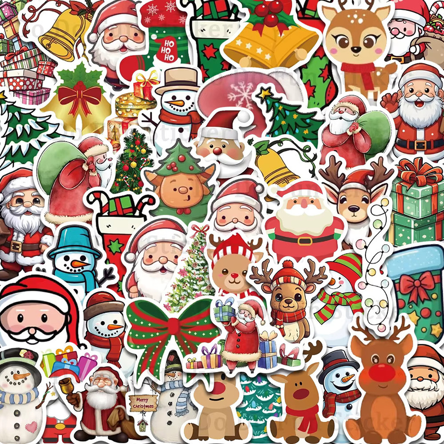 50 Stück Weihnachts Aufkleber Set mit Cartoon Motiven wie Santa Claus, Schneemann und Elch zur Dekoration von Büchern, Telefonen und Gepäck in Multicolor - Bild 3