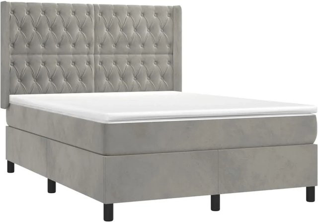 vidaXL Boxspringbett mit Matratze in Hellgrau, Hybridbett mit LED-Unterbettbeleuchtung und USB-Anschluss, Samt, B/T: 140 x 200 cm - Bild 1