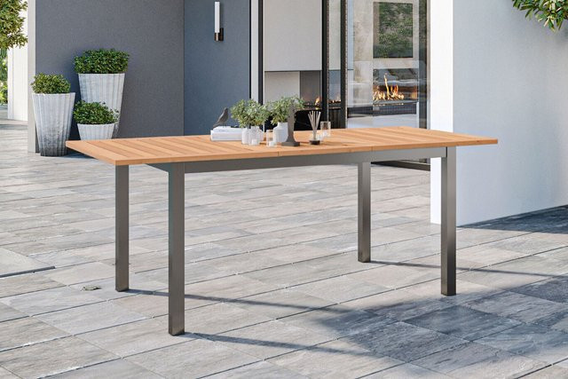 OUTFLEXX Ausziehtisch für den Garten aus Teakholz und Edelstahl in Braun, B/T/H: 150 x 90 x 75 cm bis 200 x 90 x 75 cm - Bild 1