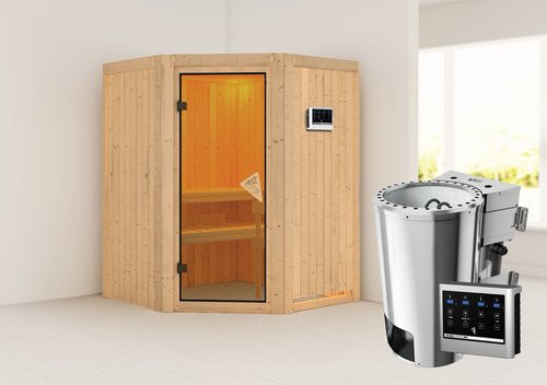 Karibu Sauna Wolmar aus Fichtenholz in Beige inklusive 3,6 kW Saunaofen mit externer Steuerung für 3 Personen, B/T/H: 198,0 x 151,0 x 151,0 cm - Bild 1