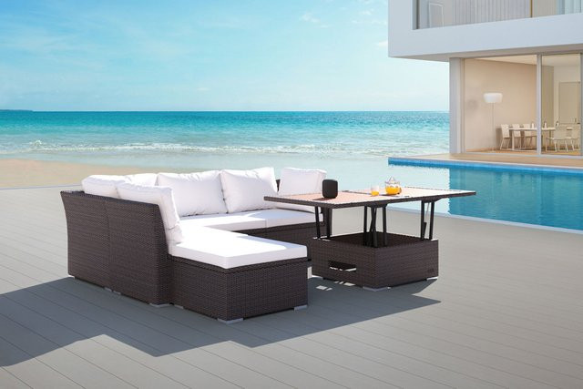 OUTFLEXX Gartenlounge L-Form aus Polyrattan in Braun Marmoriert mit Loungetisch, Polsterkissen und wasserfester Kissenbox für 5 Personen - Bild 1