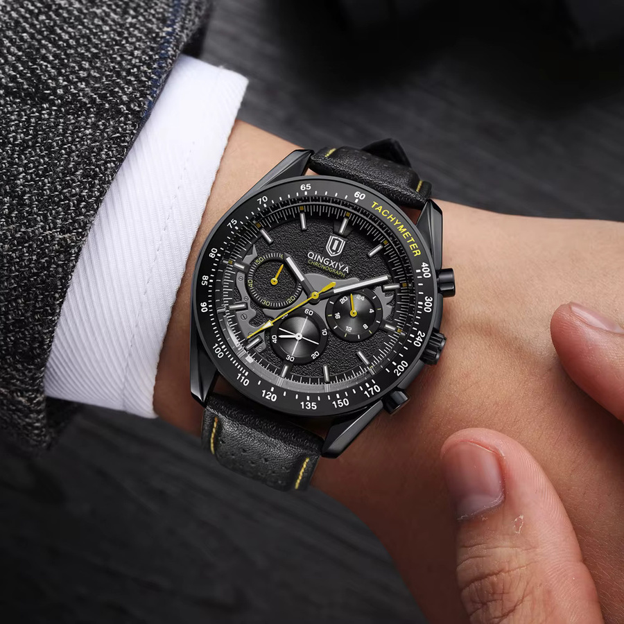 QINGXIYA Chronograph, Quarzuhr, Leder, Schwarz, Herren - Bild 5