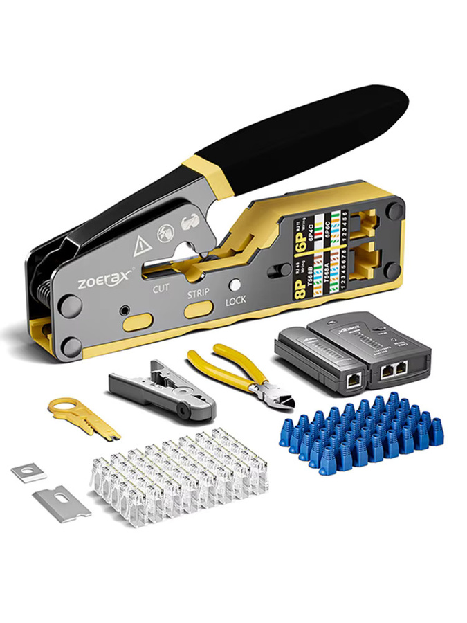 ZoeRax 8 in 1 RJ45 Crimpwerkzeug-Set in Gelb mit Kabeltester, Drahtschneider und 50 Cat6-Steckverbindern inklusive Booties - Bild 3