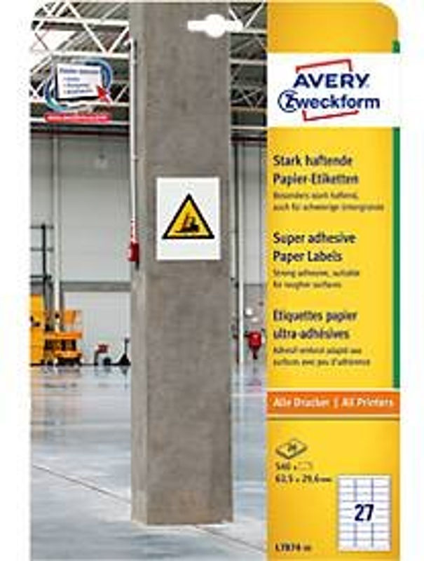 Avery Zweckform L7874-20 Kraftkleber-Etiketten aus weißem Papier, 540 Stück, B: 63,5 mm, H: 29,6 mm - Bild 3
