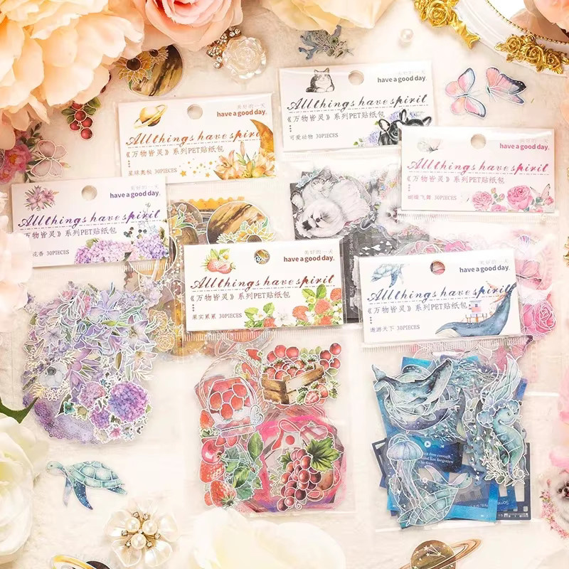 30 Blatt Collagenaufkleber für Katzen und Hunde in Silber und Multicolour, 6 verschiedene Stile mit Blumen, Planeten, Schmetterlingen und Laser-Effekt aus PET - Bild 1