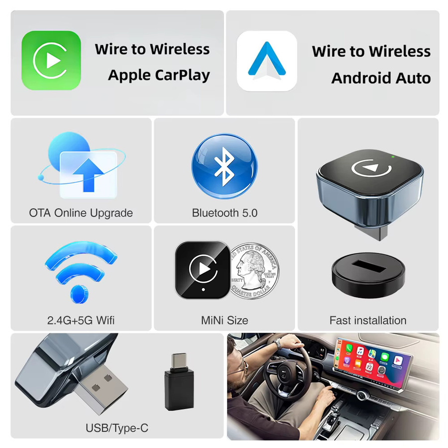 Kcimo 2-in-1 Kabelloser CarPlay und Android Auto Adapter in Schwarz als Plug-and-Play Dongle für kabelgebundene Fahrzeuge - Bild 6