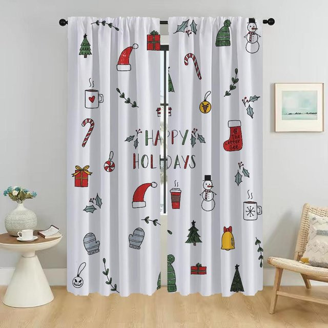 Weißes Set aus 2 Verdunklungsvorhängen mit Weihnachtsdesign für Wohnzimmer und Küche, Breite: 50 cm, Höhe: 70 cm pro Paneel - Bild 1